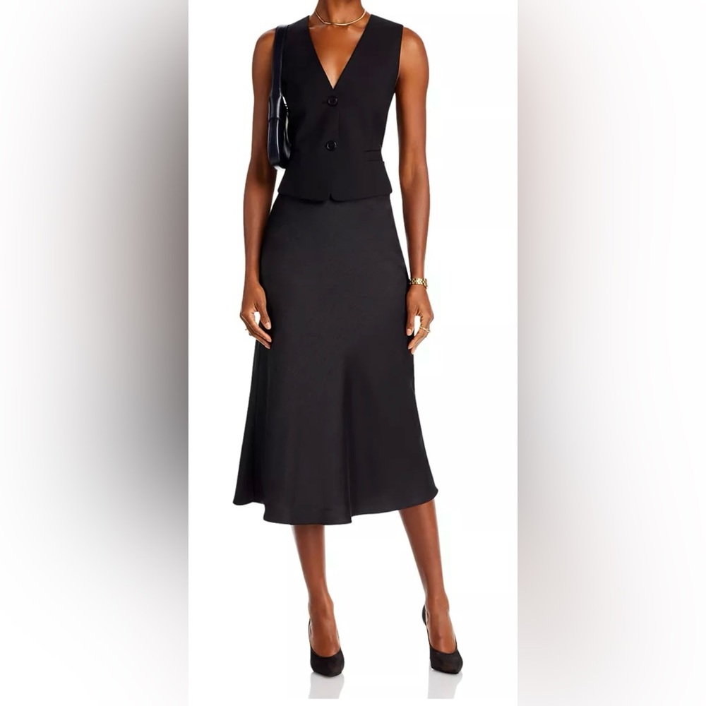 Aqua faux wrap satin midi skirt. Black, size Small. NWT